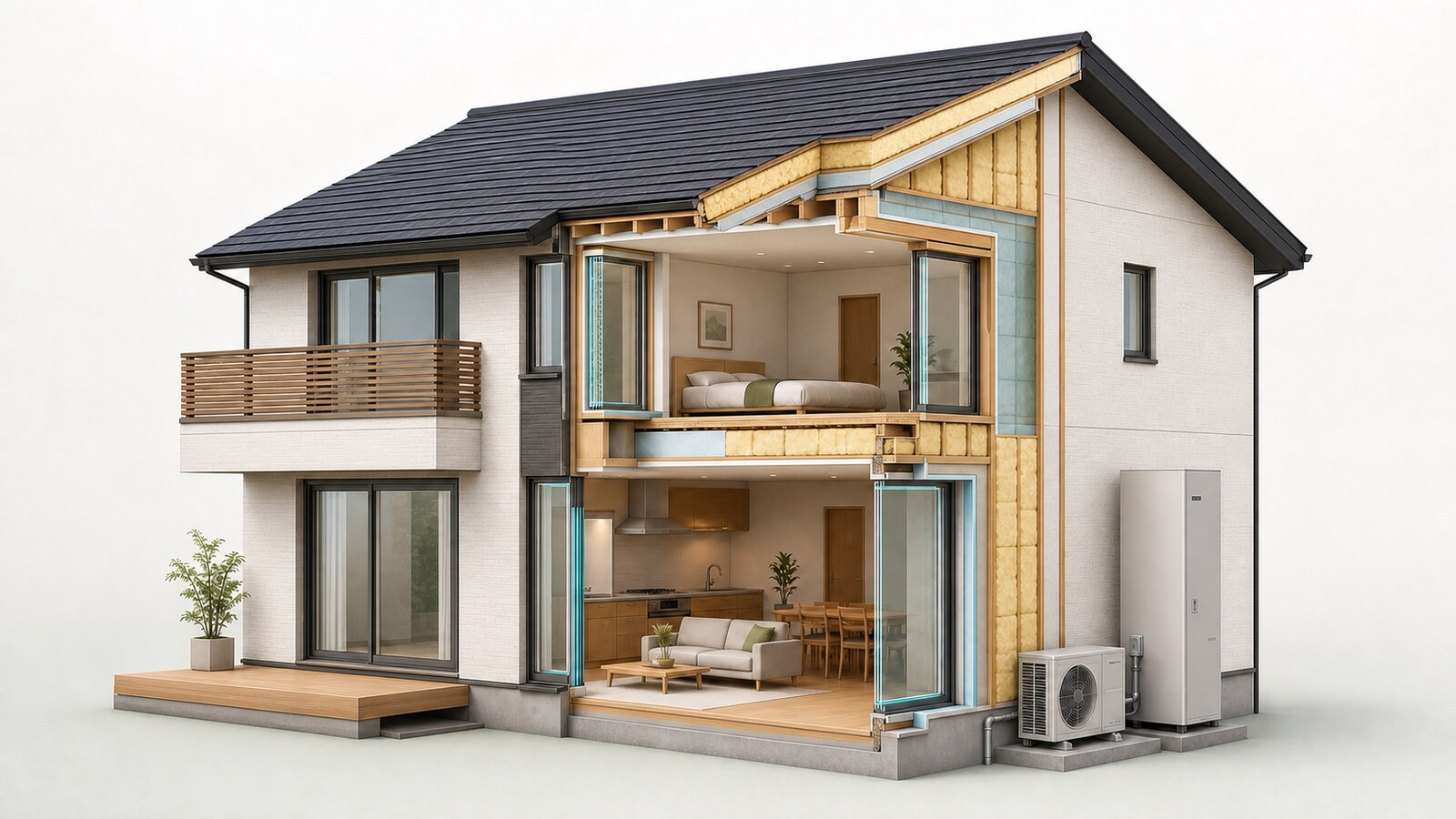 高性能窓・断熱材・ヒートポンプ給湯器を示した省エネ住宅の断面イメージ
